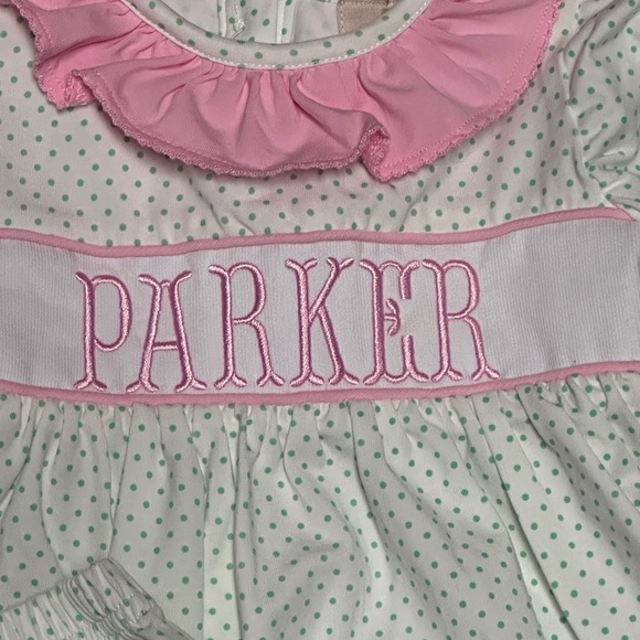 “Parker” Smocked White, Green, and Pink Matching Set. - Picture 2 of 4